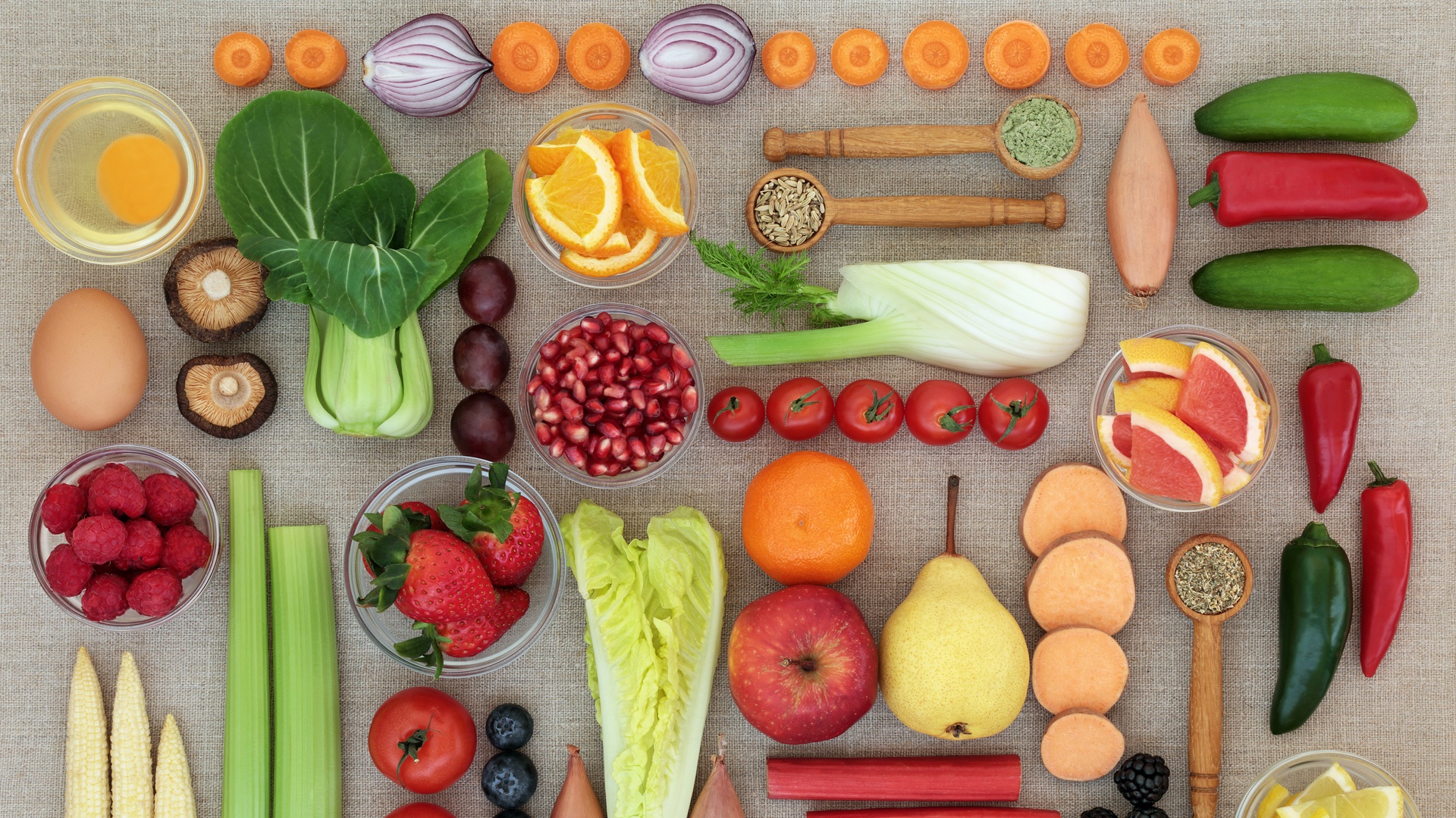 An array of fruits, vegetables, and protein options.
