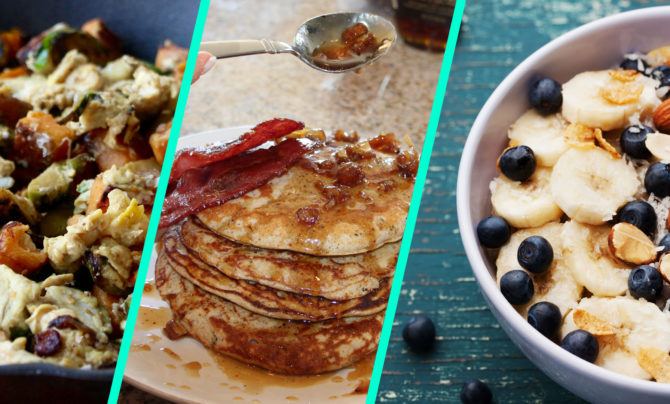 Three healthy breakfasts (from left): an egg scramble, protein pancakes with dates and bacon, and steel cut oats.