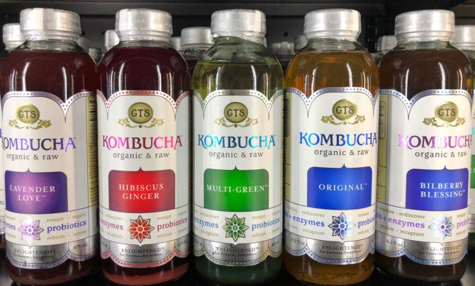 Bottles of Kombucha, drink that contains probiotics.