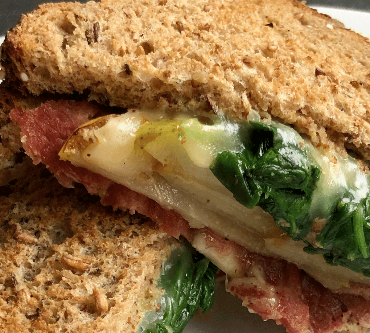 Grilled Gouda with Turkey Bacon, Spinach and Pear