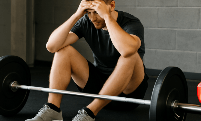 Frustrated man sitting on gym floor after a tough workout, representing feeling stuck in a fitness journey.
